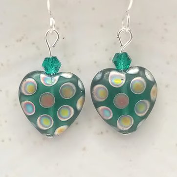 Czech Glass Heart Earrings, Peacock Amethyst Aqua Teal & Siam, Boxed Gift