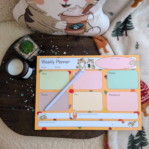 Autumnal Cat Weekly Planner – cosy Feline Desk Organizer, Undated To Do List