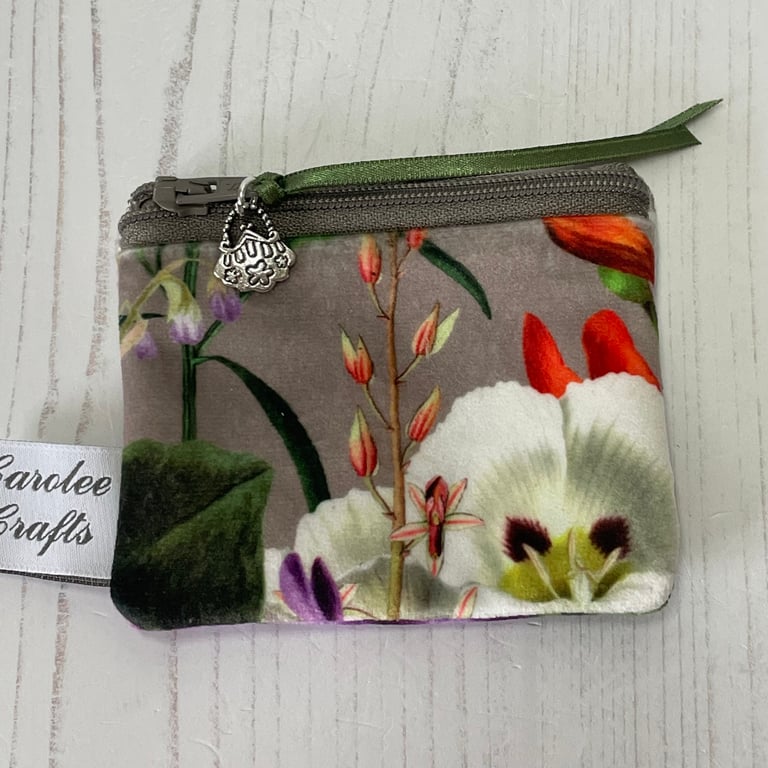Velvet coin purse, Taupe Floral by Carolee Crafts  PB5 - 0007