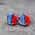 Handcrafted deep blue and red stud earrings