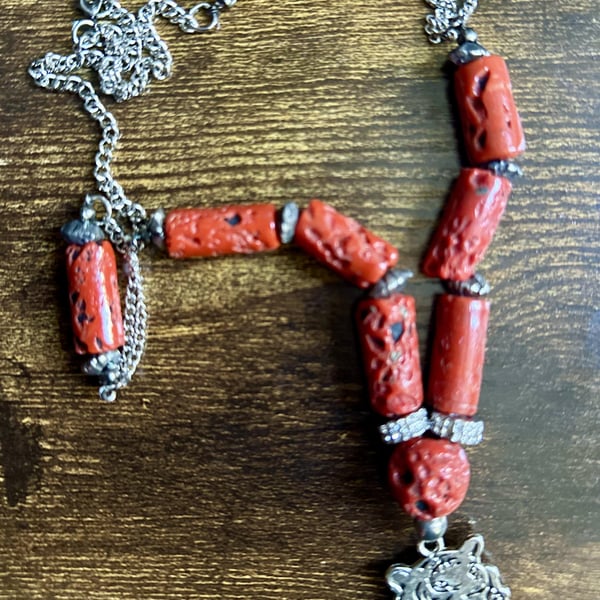 Handmade Necklace made with Red Coral Gemstone Strings Tiger High Quality