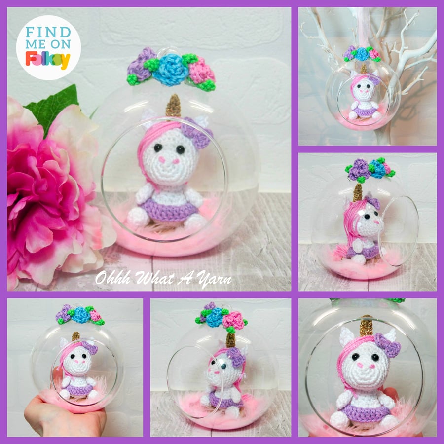 Crochet unicorn in a glass bauble. Ornament.  Hanging decoration.