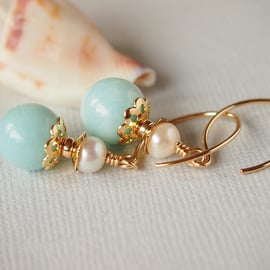 Amazonite Gemstone Freshwater Pearl Earrings - Gold Filled