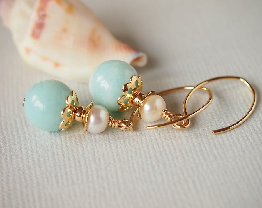 Amazonite Gemstone Freshwater Pearl Earrings - Gold Filled