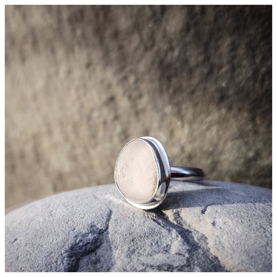 Stunning Sea Glass and Sterling Silver Ring, UK size M