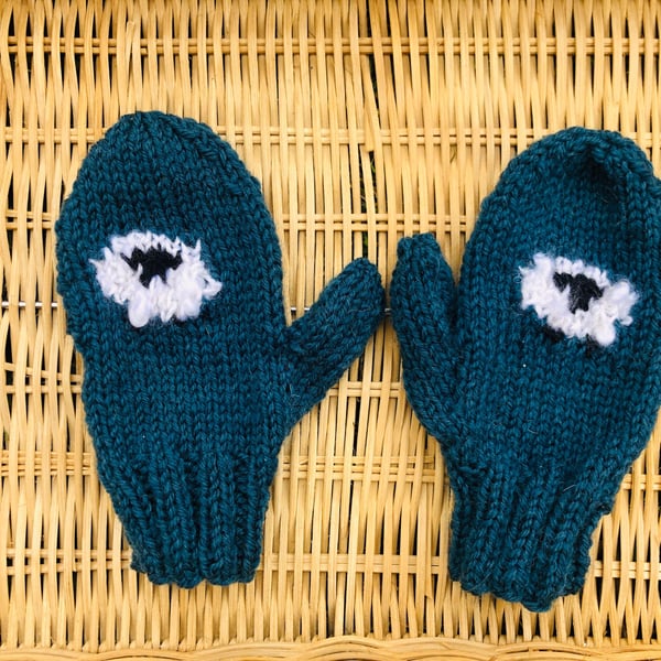 Hand knitted mittens with thumbs. Toddler ,boy ,girl with  strings. Sheep,