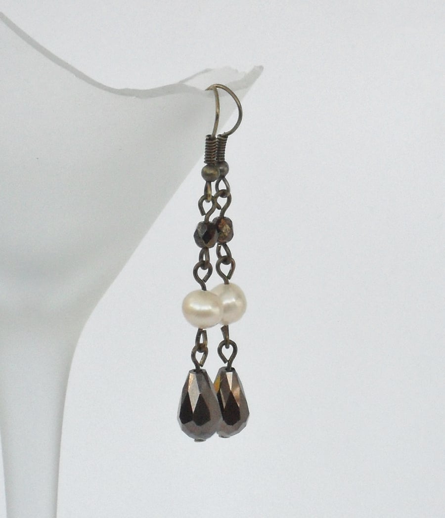 SALE: Pearl and rich brown crystal drop earrings