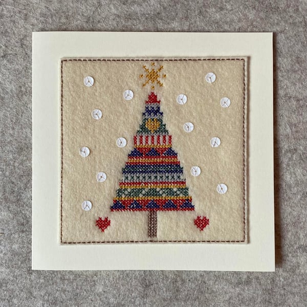 Christmas Tree Card, Cross stitch Christmas Tree, Festive Tree Textile Cards