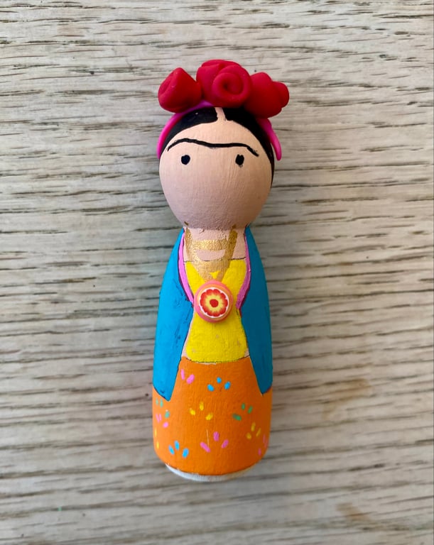Frida Kahlo Handpainted Wooden Peg Doll - inspirational women
