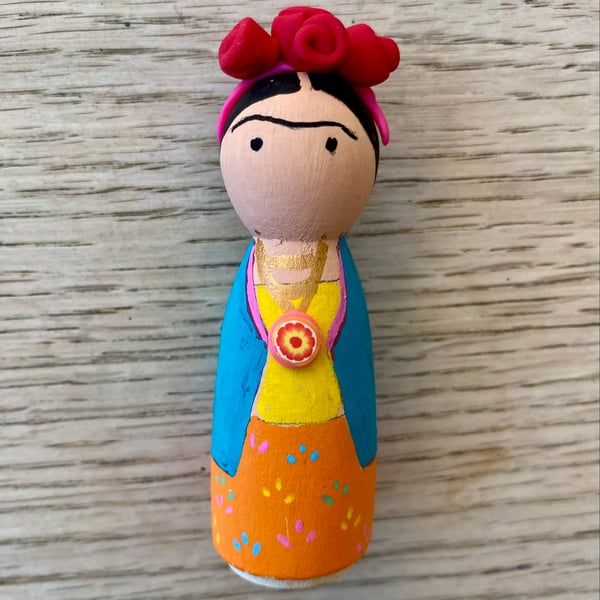 Frida Kahlo Handpainted Wooden Peg Doll - inspirational women