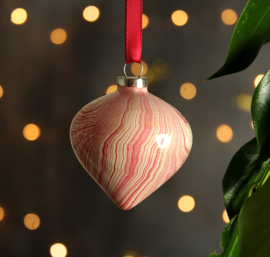 Gold and crimson marbled Christmas bauble ceramic decoration 
