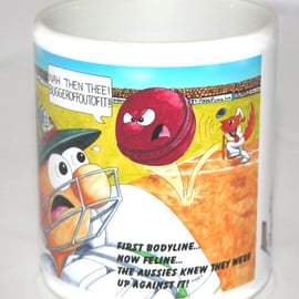 Funny cricket joke mug - Bodyline Feline mug Frazzle's Yorkers were legendary