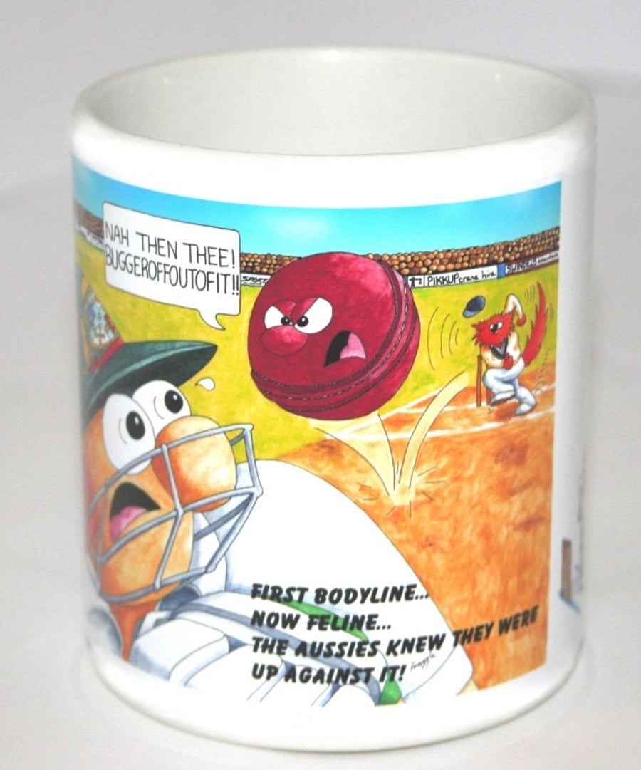 Funny cricket joke mug - Bodyline Feline mug Frazzle's Yorkers were legendary