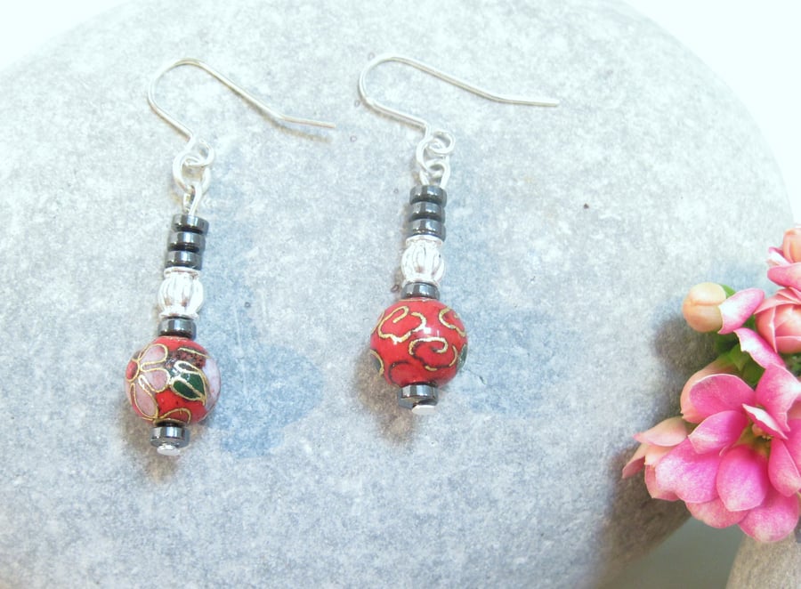 Red cloisonne drop Earrings
