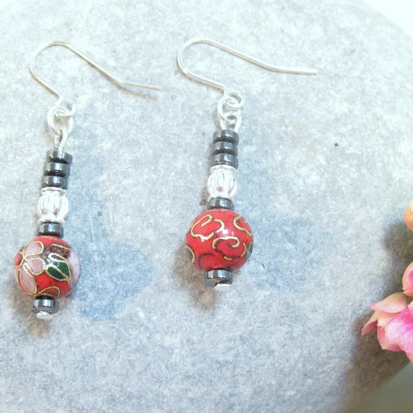 Red cloisonne drop Earrings
