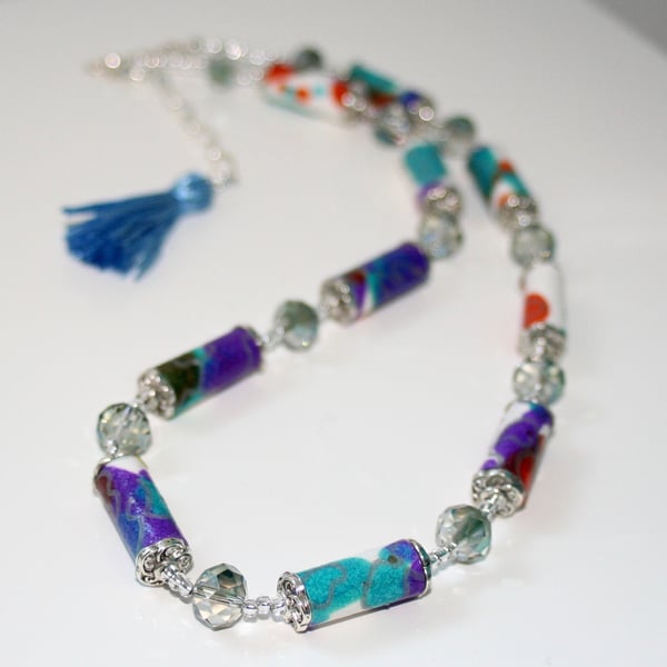 Hand-painted paper bead and crystal necklace