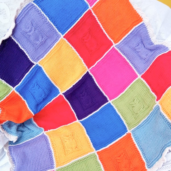 Cabled Owl Patchwork Baby Blanket in Cotton Yarn, Coming Home Blanket