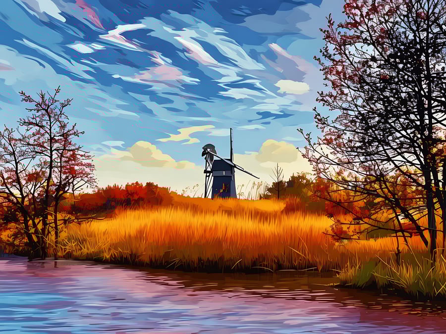 A4 Print Of Windmill on The Norfolk Broads Sunset