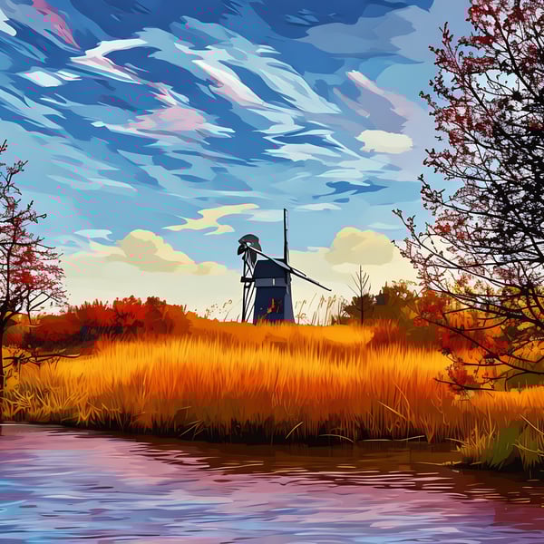 A4 Print Of Windmill on The Norfolk Broads Sunset