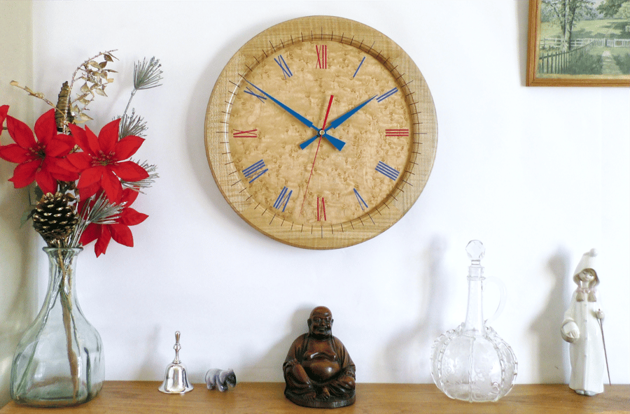 Designer made Wood Wall Clock with a Birdseye Maple Dial & Inlaid Sycamore Bezel