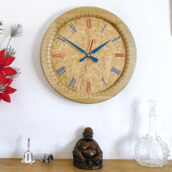 Designer made Wood Wall Clock with a Birdseye Maple Dial & Inlaid Sycamore Bezel