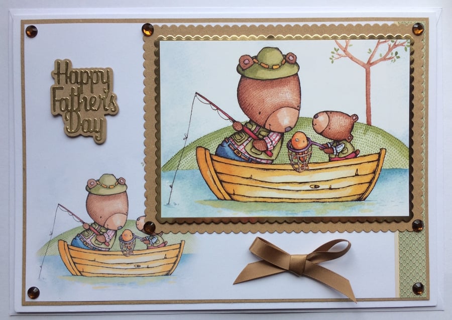 Happy Father's Day Fishing Card Cute Teddy Bears Boat 3D Luxury Handmade Card