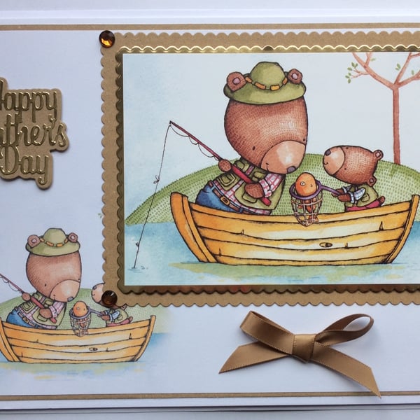 Happy Father's Day Fishing Card Cute Teddy Bears Boat 3D Luxury Handmade Card