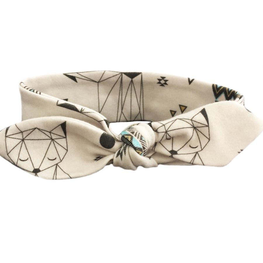 Baby Knotted Headband in ORGANIC GEOMETRIC FOXES & PYRAMIDS - Baby Gift Idea