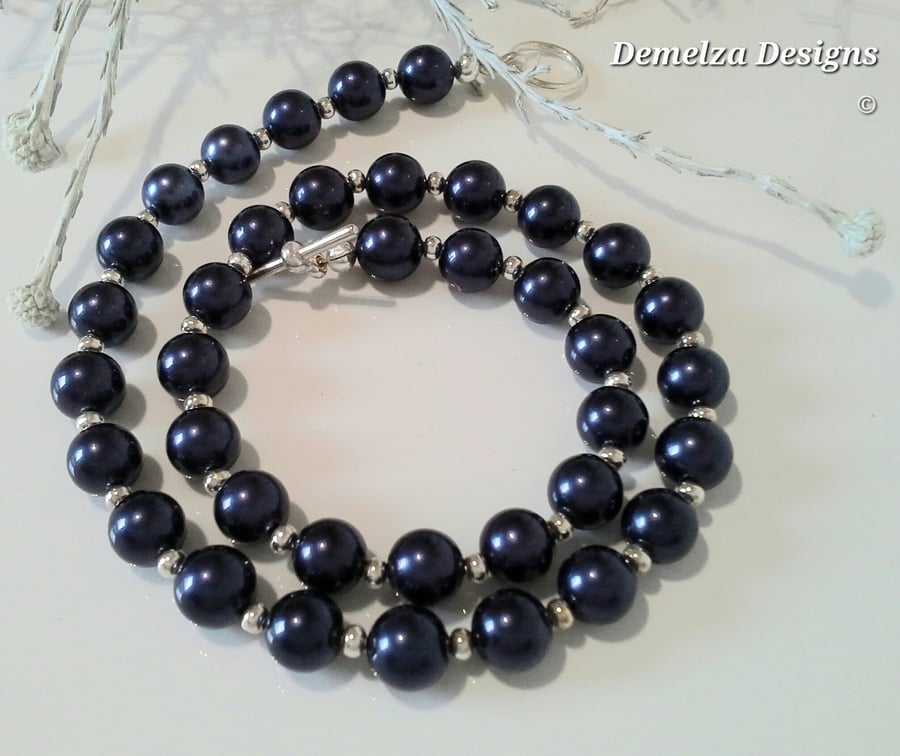 Deep Sapphire Blue  Shell Pearl Necklace Silver Plated