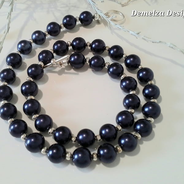 Deep Sapphire Blue  Shell Pearl Necklace Silver Plated