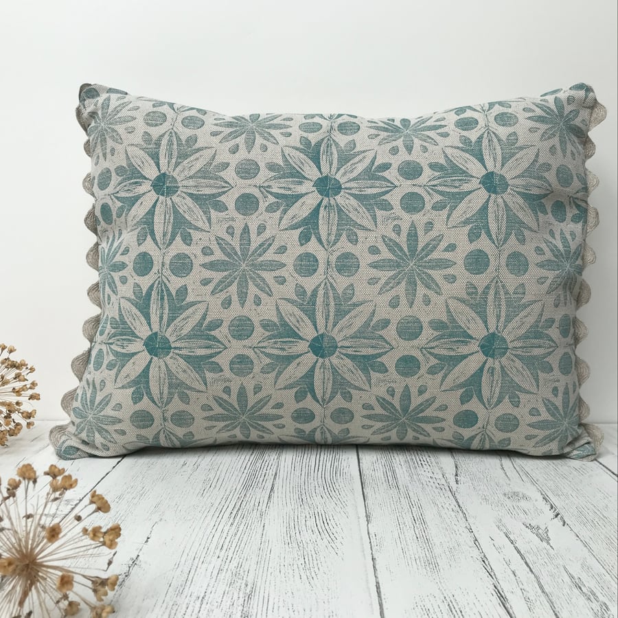Hand Printed Linen Oblong Cushion - RUNA - Soft Teal