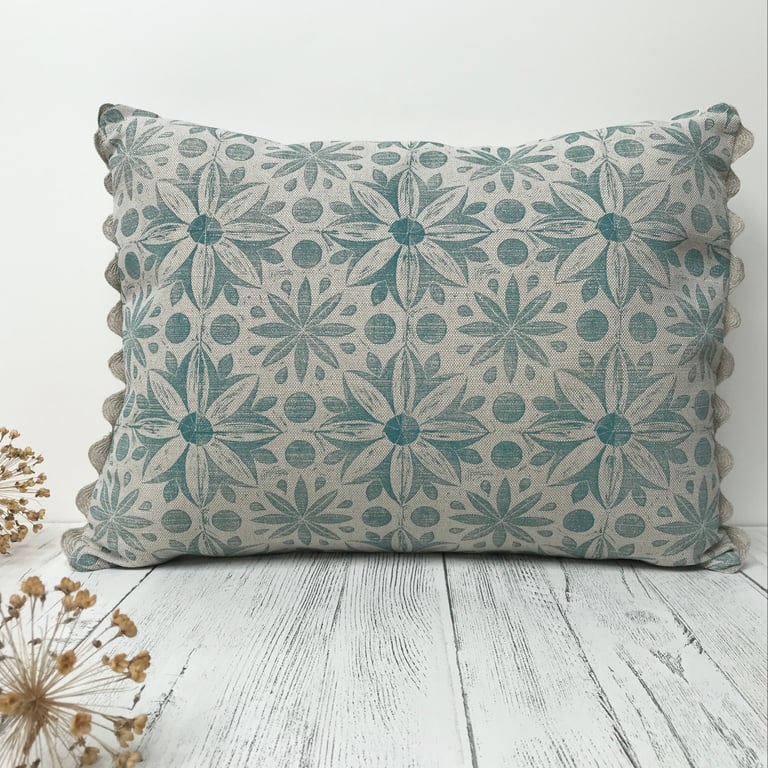 Hand Printed Linen Oblong Cushion - RUNA - Soft Teal