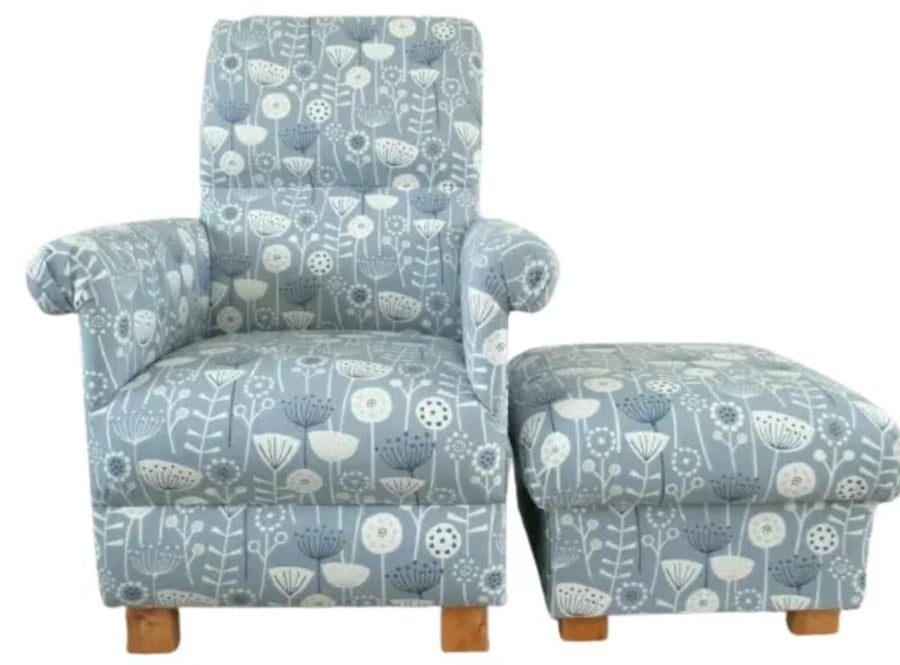 Blue Floral Chair & Footstool Adult Armchair Pouffe Fryetts Bergen Fabric Accent