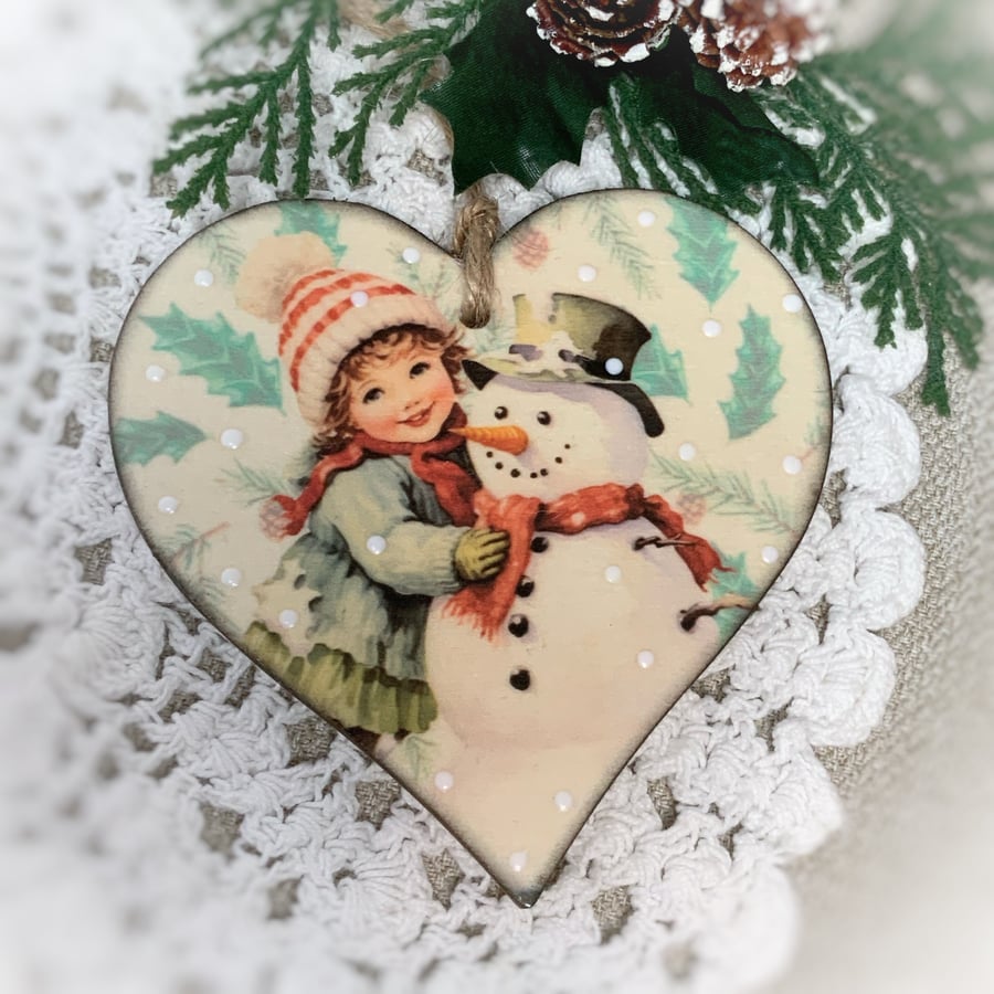 Vintage Christmas Snowman and Child, Nostalgic Christmas Childhood Ornaments 