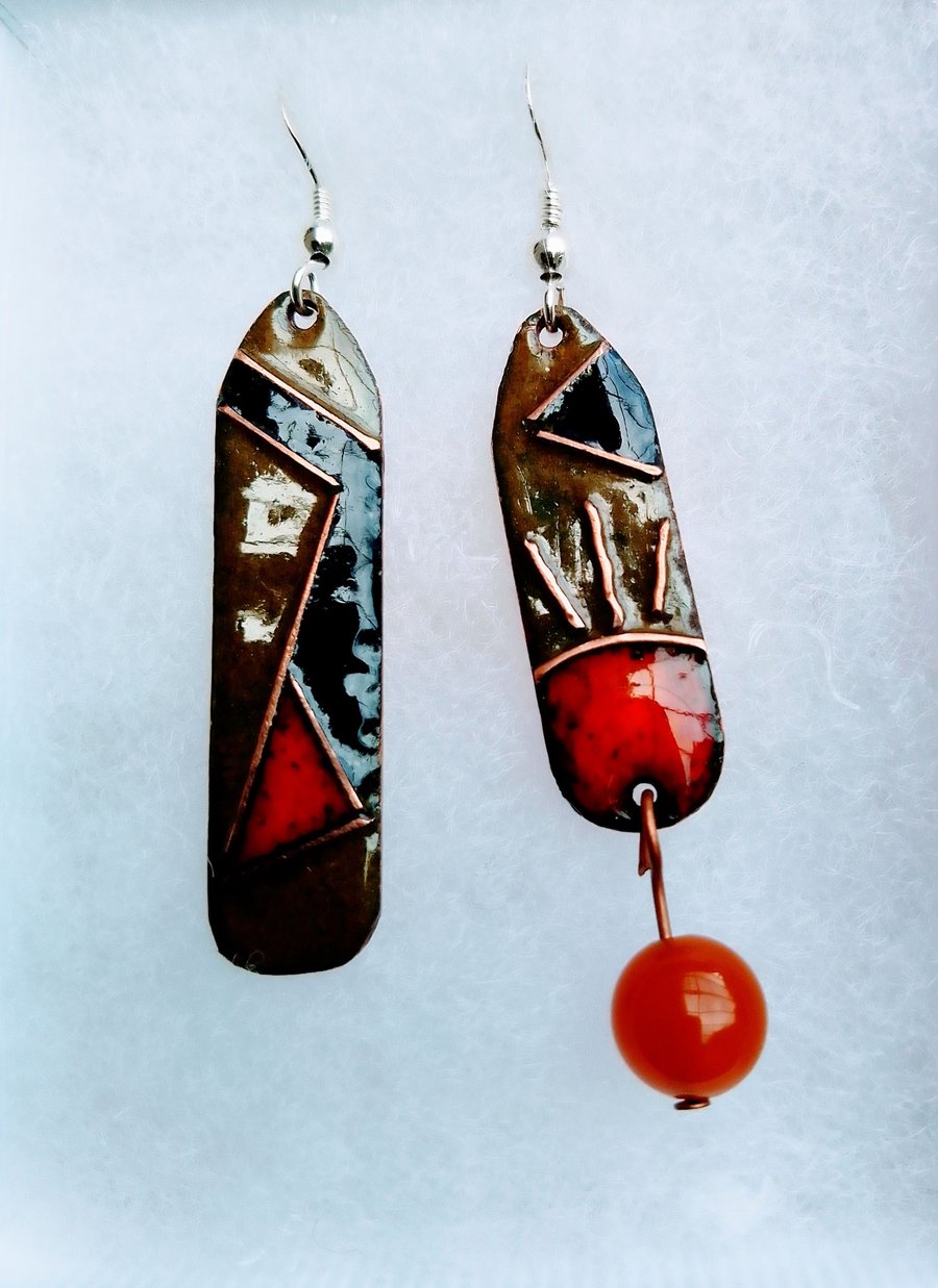 QUIRKY MODERN ABSTRACT ODD-BOD ENAMELLED EARRINGS WITH STERLING SILVER HOOKS