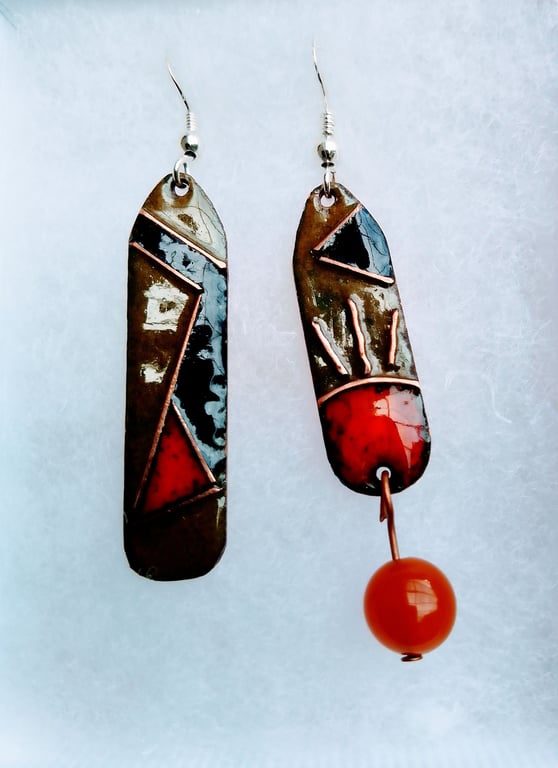 QUIRKY MODERN ABSTRACT ODD-BOD ENAMELLED EARRINGS WITH STERLING SILVER HOOKS