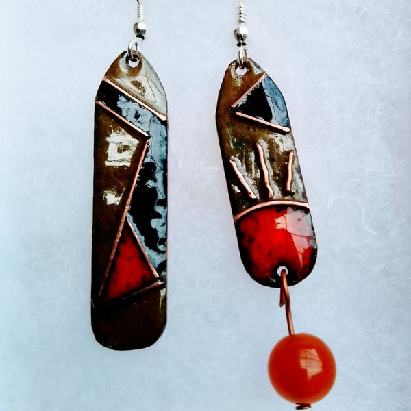 QUIRKY MODERN ABSTRACT ODD-BOD ENAMELLED EARRINGS WITH STERLING SILVER HOOKS