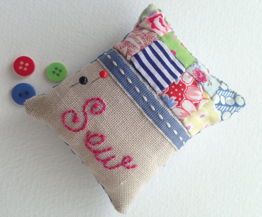 Patchwork and linen pincushion