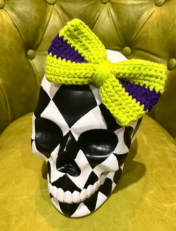 Hair Bow Clip: Lime Green and Purple Crochet
