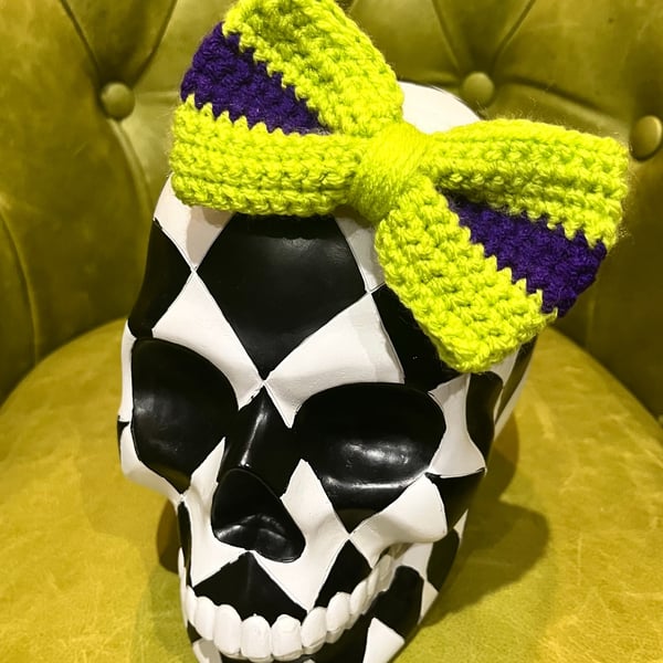 Hair Bow Clip: Lime Green and Purple Crochet