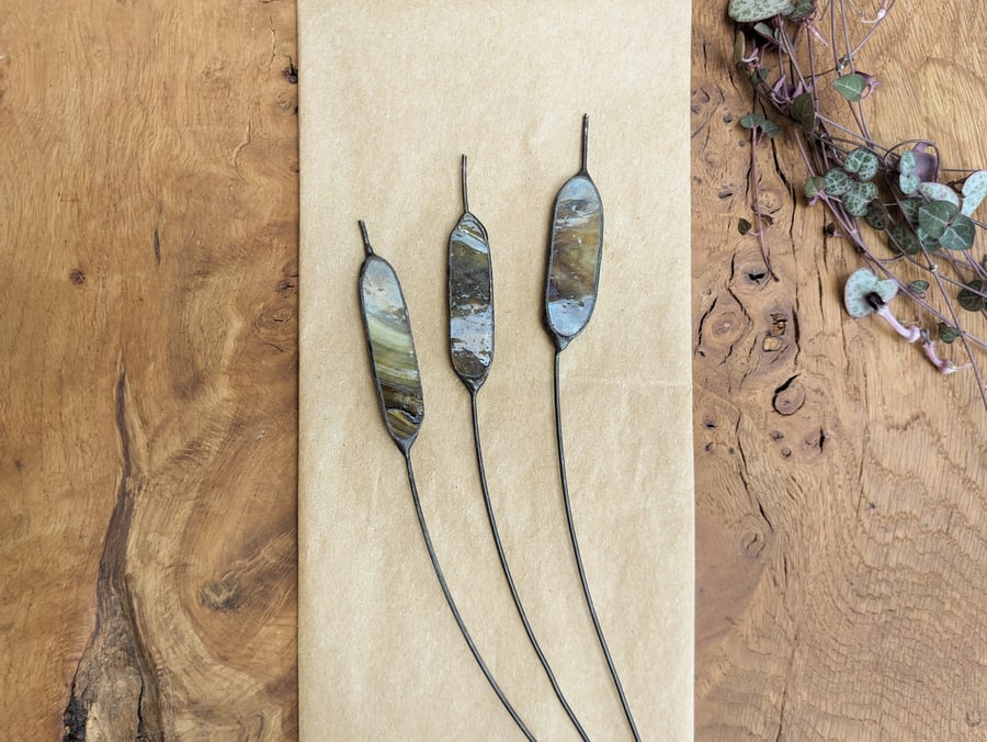 Stained Glass Stems, Trio of Bulrushes, Tiffany Suncatcher, Glass Wire Stems