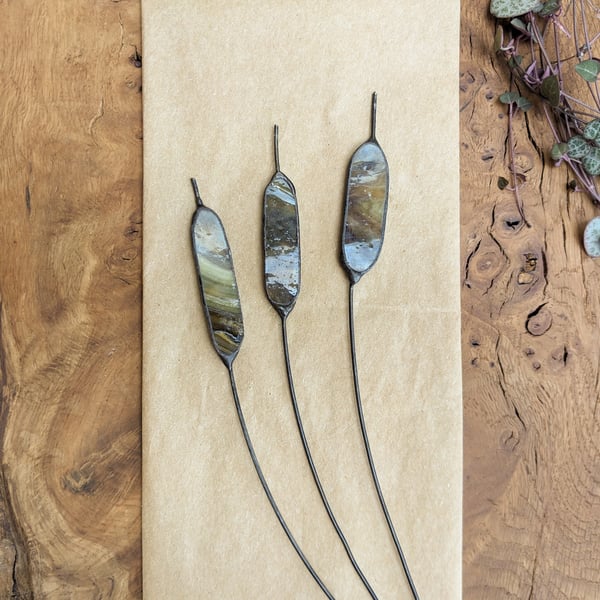 Stained Glass Stems, Trio of Bulrushes, Tiffany Suncatcher, Glass Wire Stems