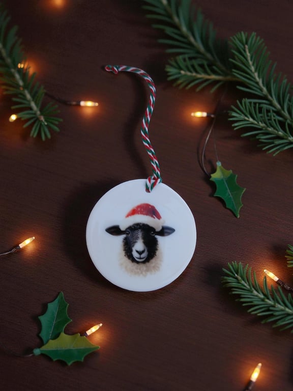 Festive Sheep Thistle Round Ceramic Christmas Decoration Tree Ornament