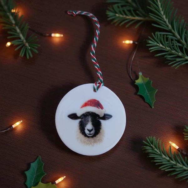 Festive Sheep Thistle Round Ceramic Christmas Decoration Tree Ornament
