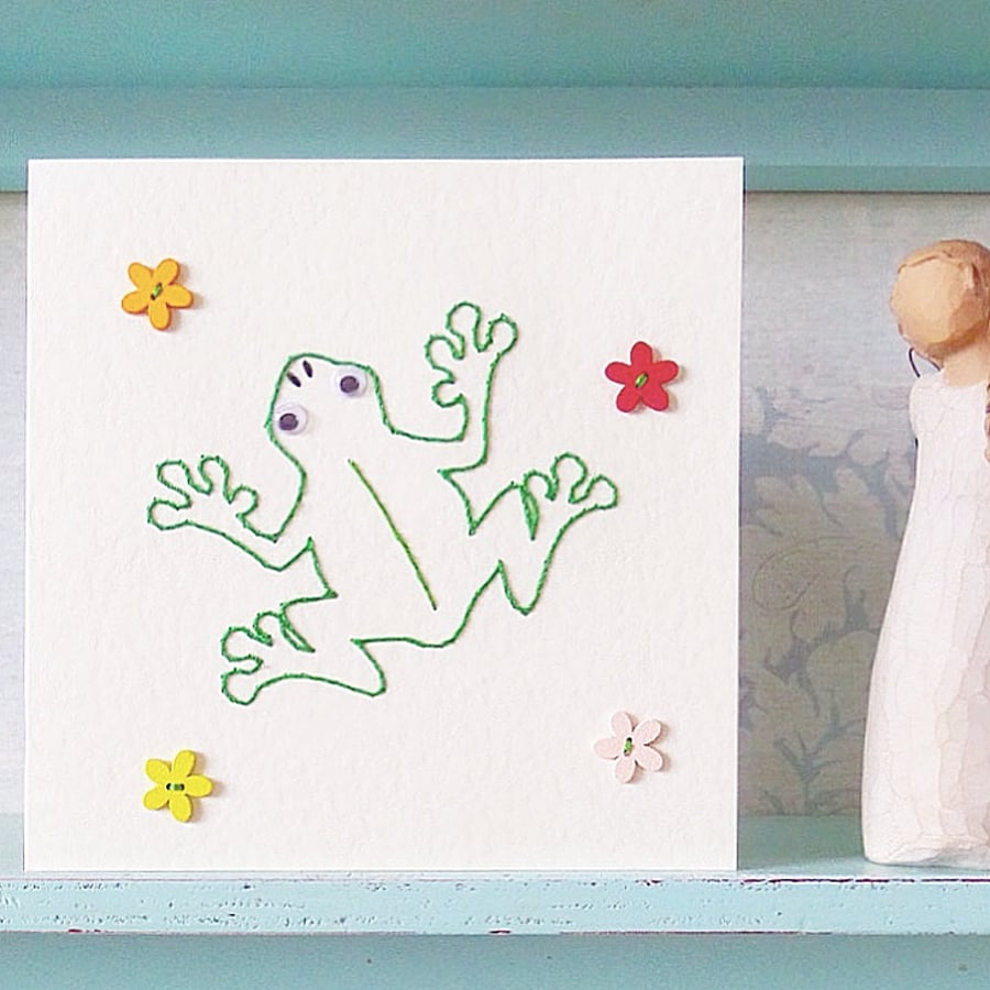 Frog Card. Birthday Card. Hand Stitched Card. Blank Card. Handmade Card.
