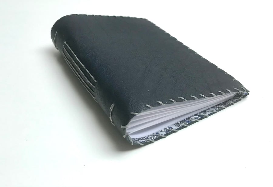 A6 Navy Blue Handmade Leather notebook Fabric Lining Plain Paper