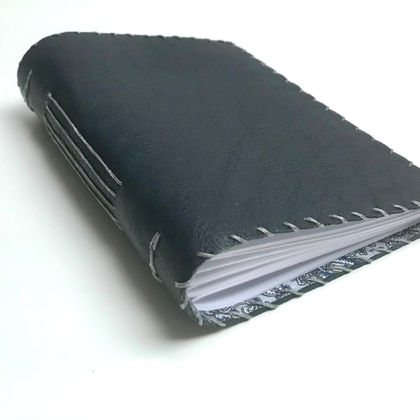 A6 Navy Blue Handmade Leather notebook Fabric Lining Plain Paper