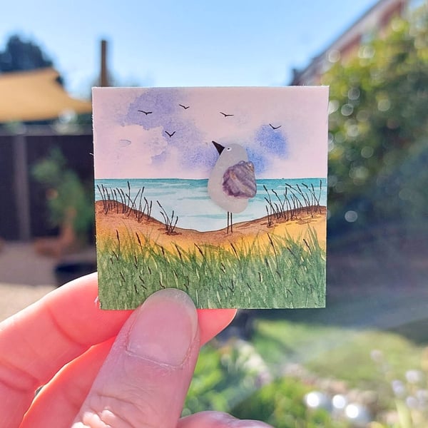 Handmade Seagull Sea Glass and Watercolour Mini Canvas Fridge Magnet