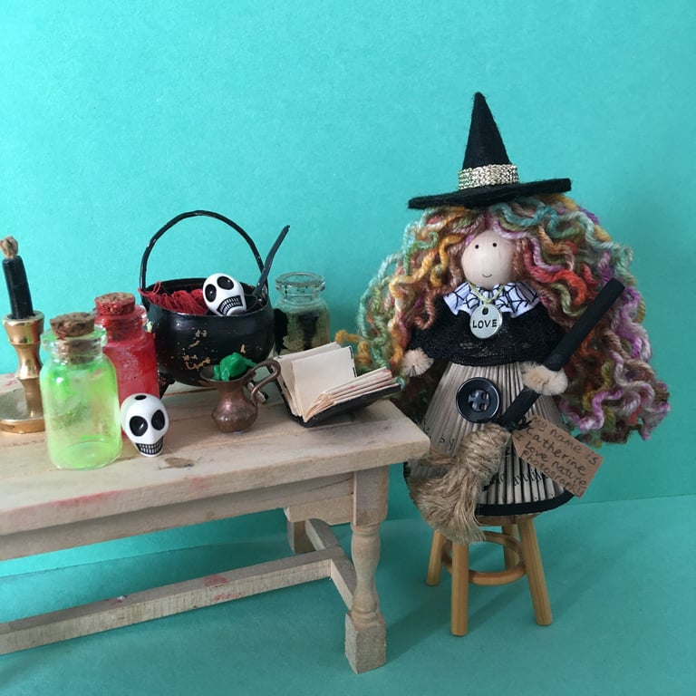 Multicoloured Witch Doll Decoration, Halloween Ornaments, Witch Core Decor