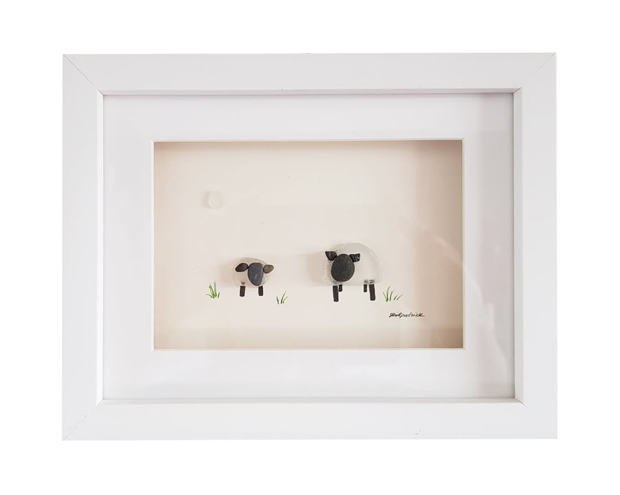 Spring Lambs - Sea Glass & Pebble Picture - Framed Unique Handmade Art